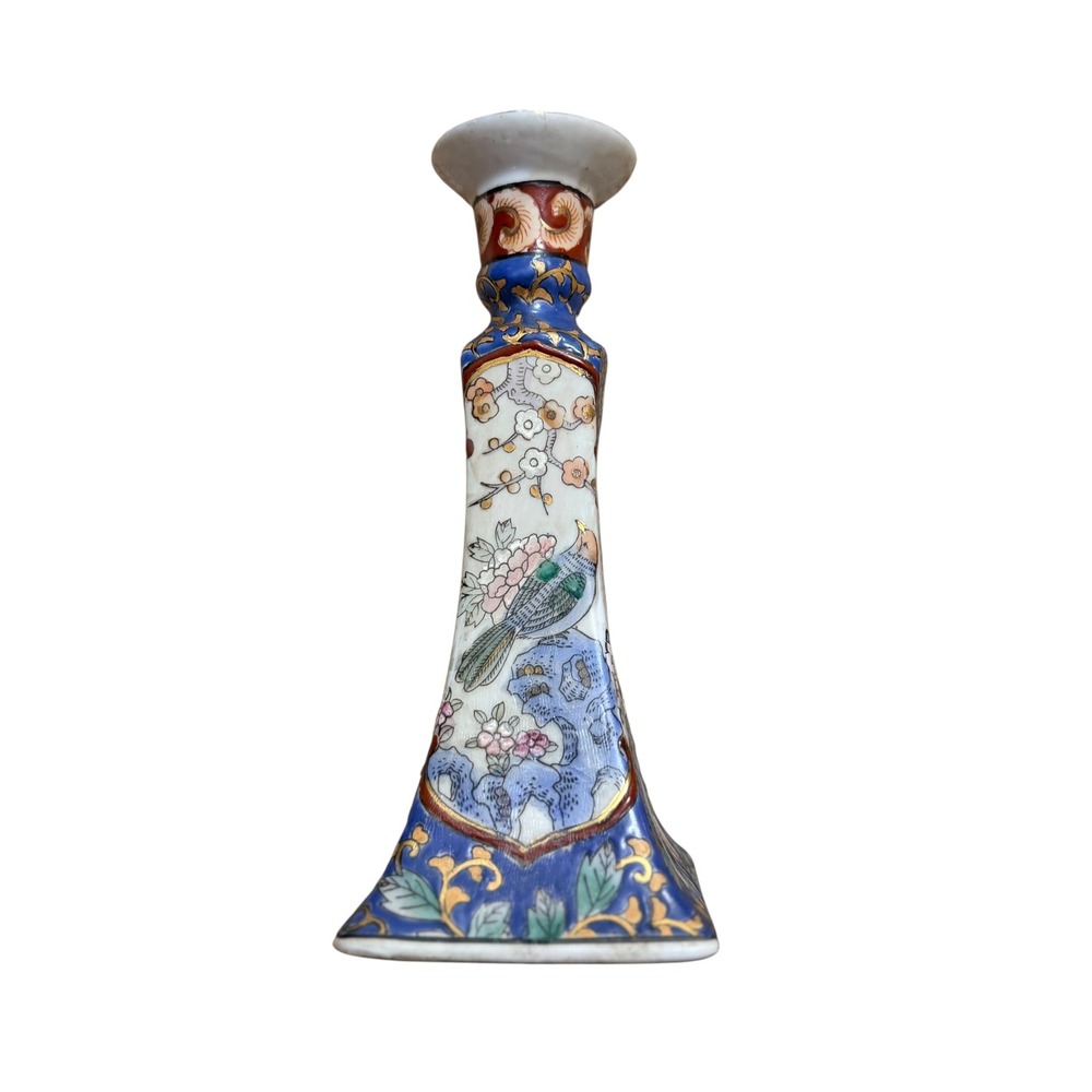 Vintage Macau Hand Painted Porcelain Candlestick Holder Blue Gold Bird 7in